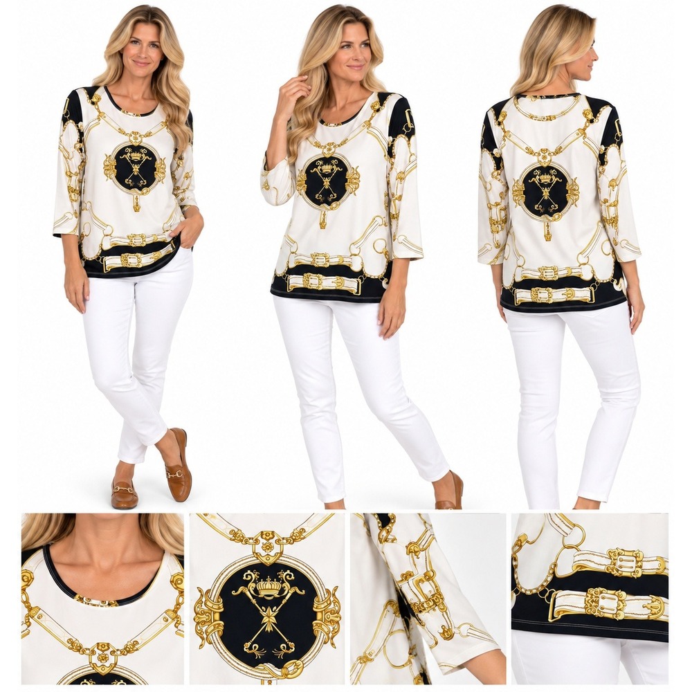 J McLaughlin Top M Equestrian Chain Medallion Print Old Money Preppy Travel Chic